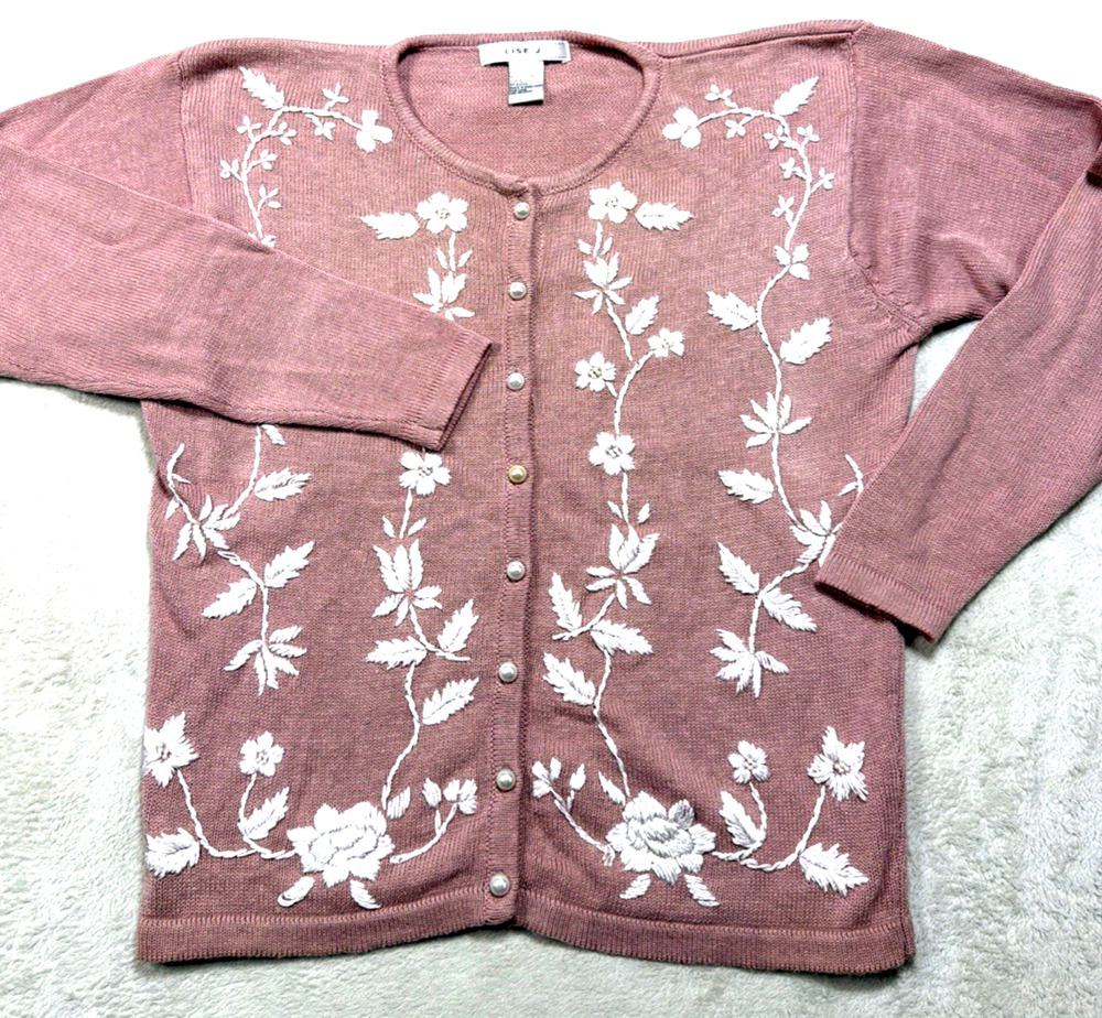 VTG Lise J Floral Embroidered Knit Cardigan Sweater Dusty Rose Pearl Button Sz L